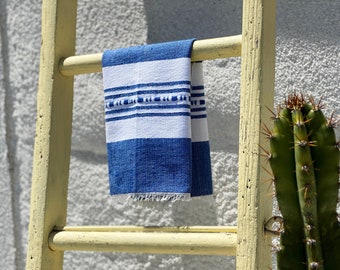 Hand Loomed AUTHENTIC OAXACAN Valle Striped Cotton Hand Towel Lapis Blue and White