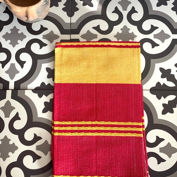 Hand Loomed AUTHENTIC OAXACAN Classic Striped Cotton Hand Towel Corazon Red and Maiz Yellow
