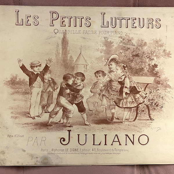 Rare Vintage Les Petits Lutteurs Music Sheet Poster Quadrille Facile Pour Piano Paris France