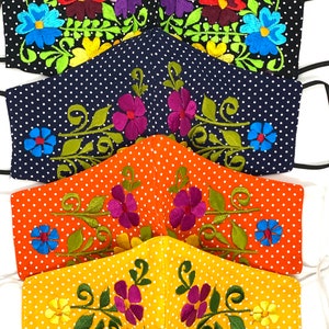 Set of 4 Embroidered Floral Polka Dot Face Masks Hand Made Flower