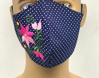 ハンドメイド ◆ マスク 紺色にハート刺しゅう ネイビーブルーの水玉模様の刺繍入りフェイスマスク 花柄 ハンドメイド
