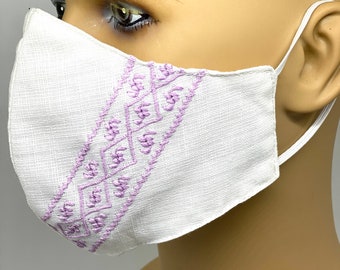 White and Purple Pastel Embroidered Face Mask Hand Made Artisan