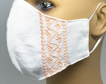 White and Rose Gold Embroidered Face Mask Hand Made Artisan