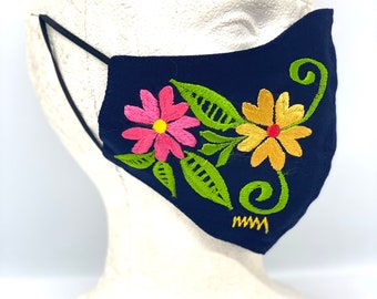 Masque Floral Bleu Brodé Artisan Fleur Cubre Boca