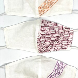 Set of 3 ADULT White Linen Embroidered Face Masks Hand Made
