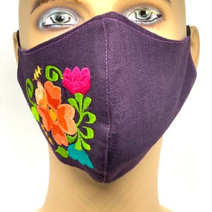 Purple Face Mask Floral Embroidered Hand Made Artisan Flower face mask