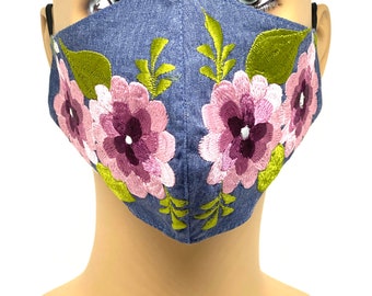 Blue Embroidered Face Mask Denim Style Floral Hand Made Artisan