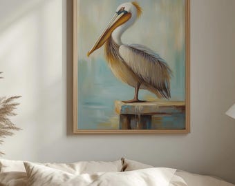 Brown Pelican Perched on Dock Post, Coastal Cottage Wall Art Printable (Digital Download) 60