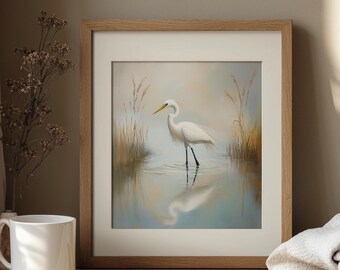 Vintage Great Egret Painting, Coastal Marsh Bird Printable Wall Art (Digital Download) 59