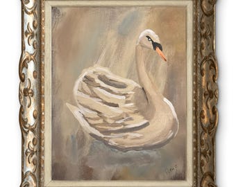 Schwan Malerei Cottagecore-inspirierte feine Kunst 14x11 Leinwand signiert Hauswanddekor