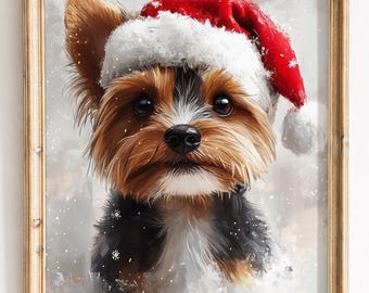Yorkshire Terrier Santa Hat, Festive Christmas Dog Portrait Printable (Digital Download) 47