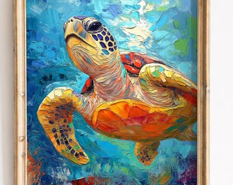 Sea Turtle Swimming Upward, Golden Shell Ocean Printable Wall Art (Digital Download) 51