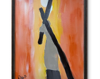 Jésus portant la croix expressionnisme symbolique original 14 x 11 peinture d'art foi religieuse signé orange jaune décoration murale maison