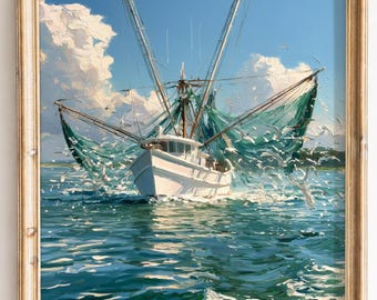 Vintage Shrimp Trawler Painting, Coastal Nautical Boat Printable Wall Art, Digital Download 63