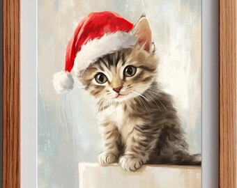 Cute Tabby Kitten Cat in Santa Hat, Cozy Christmas Printable Wall Art (Digital Download) 45