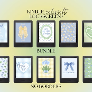May include: A bundle of Kindle Colorsoft screensavers with various designs, including bows, hearts, and floral patterns. The screensavers feature pastel colors and text such as "My Little Library" and "Just One More Chapter."