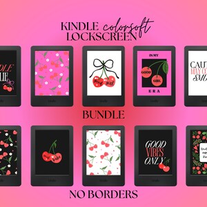 May include: A bundle of Kindle e-readers with various cherry-themed lockscreens. The screens display phrases like "Kindle Girlie," "Good Girl Era," and "Good Vibes Only." The background is a gradient of pink.