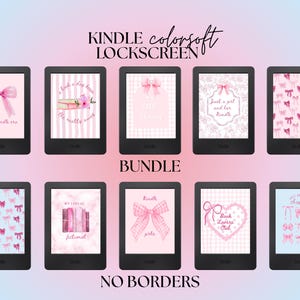 May include: A bundle of Kindle e-readers displaying various pink and white screensavers. The screensavers feature bows, books, and text such as "Little Library" and "Book Lovers Club." The text "KINDLE colorsoft LOCKSCREEN BUNDLE NO BORDERS" is also visible.