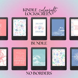 May include: A bundle of Kindle e-reader screensavers with beach-themed designs. The screensavers feature illustrations of seashells, waves, and beach scenes in various colors. Text on the image includes "Kindle colorsoft," "Lockscreen," "Bundle," "No Borders," and other phrases.