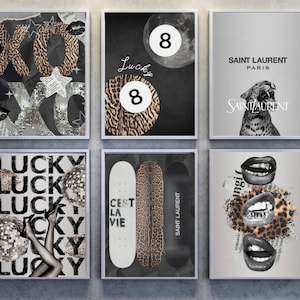 Peut inclure: Six impressions encadrées avec un thème moderne et éclectique. Les impressions présentent des imprimés léopard, du texte et des éléments graphiques. L'une des impressions affiche "SAINT LAURENT PARIS" avec un léopard. Une autre affiche "LUCKY" à plusieurs reprises.