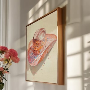 Disco Cowboy Hat Canvas, Framed Pink Western Wall Art, Sparkly Rodeo Print, Y2K Cowgirl Decor, Glitter Country Illustration, Gift Idea