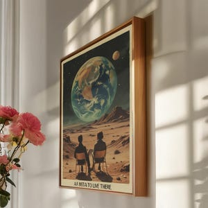 Surreal Space Canvas Wall Art, Earth View from Moon Print, Framed Sci-Fi Cosmic Poster with Retro Touch for Bedroom or Living Room Decor