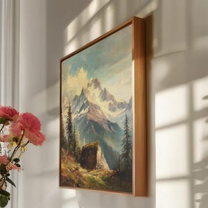 Mountain Peak Canvas, Alpine Landscape Wall Art, Framed Nature Scene Print, Rustic Forest Decor, Snowy Mountain Canvas, Cabin Lodge Gift