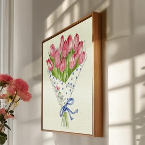 Pink Tulip Bouquet Canvas Wall Art Framed Minimal Floral Print, Watercolor Spring Flower Illustration for Kitchen or Gift for Her Decor