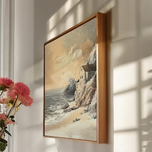 Cliffside Beach Canvas, Coastal Wall Art, Framed Seaside Print, Ocean Cliff Painting, Moody Nautical Decor, Dramatic Landscape Gift