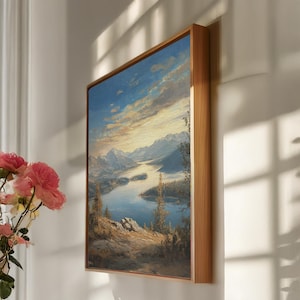 Mountain Lake Canvas, Framed Landscape Wall Art, Sunset River Scene Print, Nature Mountain View Decor, Cabin Style Gift, Scenic Canvas