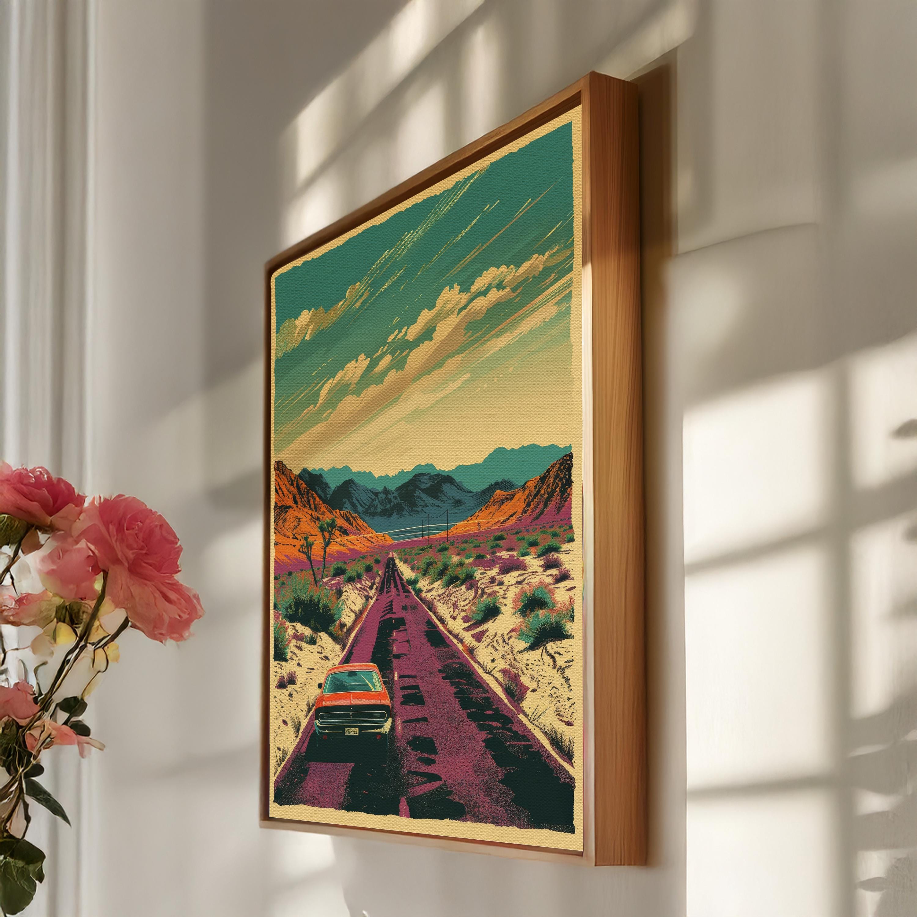 Retro Car Desert Road Trip Canvas Art: Vintage Americana Framed