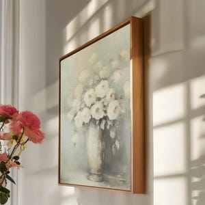 White Rose Canvas Wall Art, Vintage Floral Vase Print, Soft Pastel Botanical Artwork, Framed Shabby Chic Decor, Romantic Gift For Her