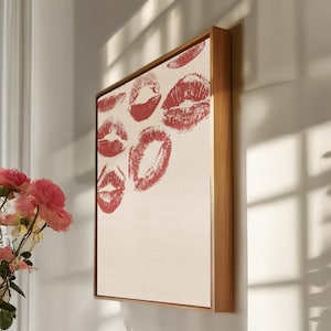 Red Lip Print Canvas Wall Art, Framed Kiss Mark Illustration Print, Bold Feminine Pop Decor for Vanity, Bedroom or Beauty Studio Accent