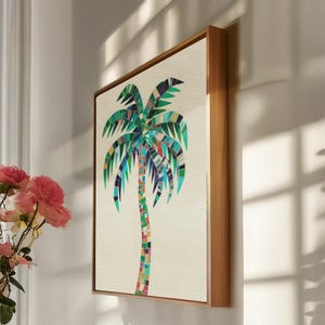 Colorful Palm Tree Canvas, Tropical Wall Art, Framed Mosaic Beach Print, Summer Boho Decor, Coastal Botanical Illustration, Island Gift