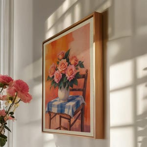 Pink Roses Canvas, Framed Floral Wall Art, Vintage Still Life Print, Cottagecore Flower Decor, Romantic Vase Canvas, Feminine Gift Idea