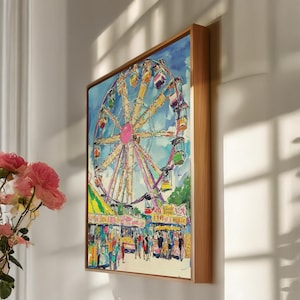 Ferris Wheel Canvas Wall Art Framed Carnival Print, Colorful Fairground Illustration for Playroom or Living Room, Fun Gift for Art Lovers