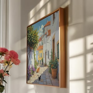 Mediterranean Street Canvas Wall Art, Cat Alley Print, Framed Sunny Village Poster, Floral Courtyard Decor, Gift For Cat Lovers Home