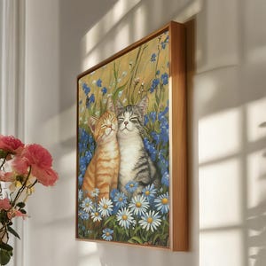 Cat Couple Canvas Art: Romantic Kittens in Daisy Field, Framed Floral Print