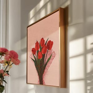 Red Tulip Bouquet Canvas Wall Art, Framed Minimalist Flower Illustration Print, Romantic Pink Aesthetic Decor for Bedroom or Gift Corner