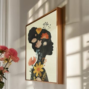 Floral Woman Silhouette Canvas Art: Black Profile Botanical Print