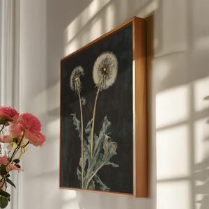 Löwenzahn botanische Leinwand, gerahmte dunkle Blumenwandkunst, Vintage Pflanzendruck, schwarzes Naturplakat, Kräuterillustrations-Dekor, gotisches Geschenk