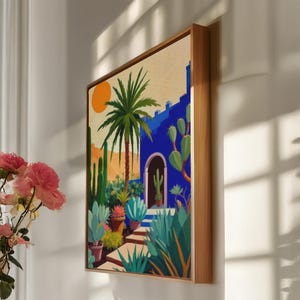Wüstengarten Leinwand, gerahmte Kaktus Wandkunst, tropischer Hofdruck, kräftiges Farbdekor, Palmenpflanze Poster, exotisches Boho Geschenk