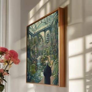 Glasshouse Canvas, Indoor Jungle Wall Art, Framed Botanical Fantasy Print, Greenhouse Illustration, Surreal Garden Scene, Nature Decor Gift