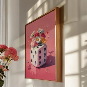 Lienzo de flores de dados, arte mural surrealista enmarcado, impresión de arte pop rosa, póster de dados florales llamativos, decoración moderna y caprichosa, idea de regalo impactante
