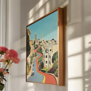 San Francisco Canvas, Lombard Street Wall Art, Framed City Print, Colorful Road Illustration, Retro Travel Decor, Urban Landscape Gift