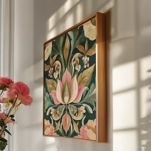 Vintage Floral Canvas Art: Framed Botanical Print, Elegant Pink & Green