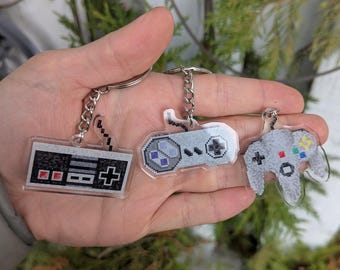 Retro Controllers Keychain | Nintendo NES, SNES, N64 8-Bit 16-Bit Keyring