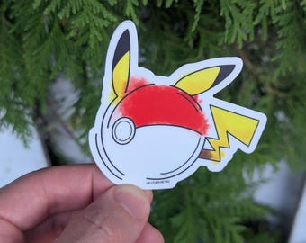 Pikachu Sticker | Pokeball Sticker Fan Creation | Watercolor Video Game Gift | Water Bottle Laptop Decal