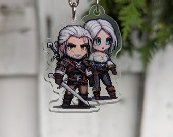 Witcher Keychain | Pixel Geralt & Ciri Double-Sided Acrylic Charm