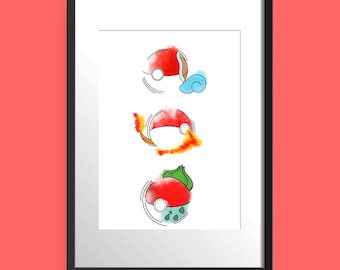 Poke Monster Art / Stampa Pokeball x Gen1 Starters 12" x 18"